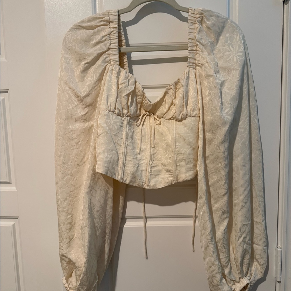 For Love & Lemons Cream Floral Jacquard Corset Top with Puff Sleeves